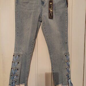 NWT DG2 by Diane Gilman Flare Leg Jeans in Chambray with Ribbon Tie Accent sz 12
